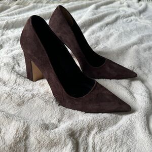 Good American Brown Velvet Pointed-Toe Heels